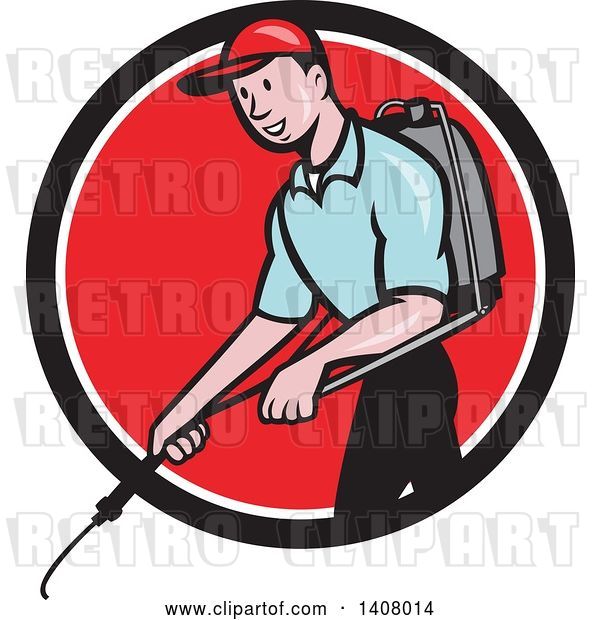 Vector Clip Art of Retro Cartoon White Male Pest Control Exterminator Spraying in a Black White and Red Circle