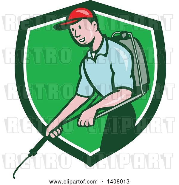 Vector Clip Art of Retro Cartoon White Male Pest Control Exterminator Spraying in a Green and White Shield