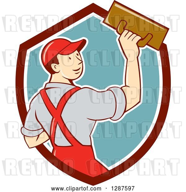Vector Clip Art of Retro Cartoon White Male Plasterer in a Maroon White and Turquoise Shield