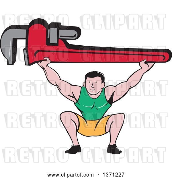 Vector Clip Art of Retro Cartoon White Male Plumber Bodybuilder Doing Squats with a Giant Monkey Wrench