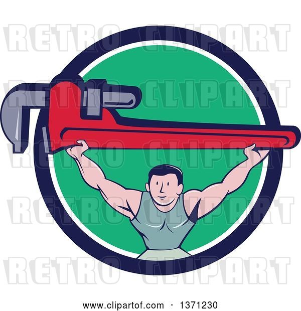 Vector Clip Art of Retro Cartoon White Male Plumber Bodybuilder Doing Squats with a Giant Monkey Wrench in a Blue White and Green Circle