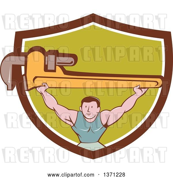 Vector Clip Art of Retro Cartoon White Male Plumber Bodybuilder Doing Squats with a Giant Monkey Wrench in a Shield