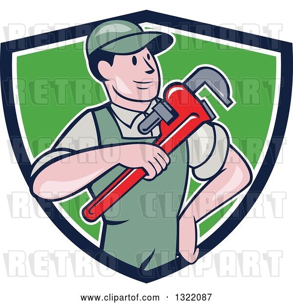 Vector Clip Art of Retro Cartoon White Male Plumber Holding a Giant Monkey Wrench in a Blue White and Green Shield