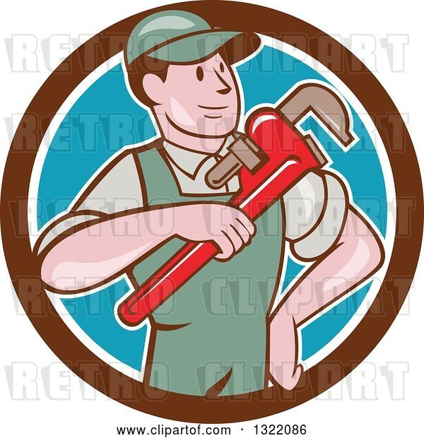 Vector Clip Art of Retro Cartoon White Male Plumber Holding a Giant Monkey Wrench in a Brown White and Blue Circle