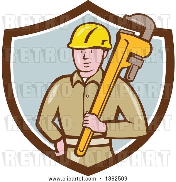 Vector Clip Art of Retro Cartoon White Male Plumber Holding a Giant Monkey Wrench in a Brown White and Pastel Blue Shield