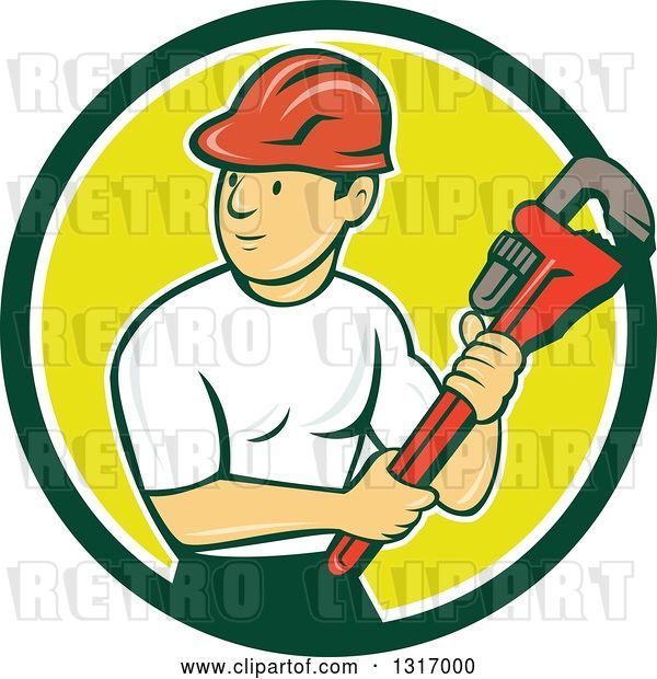 Vector Clip Art of Retro Cartoon White Male Plumber Holding a Giant Monkey Wrench in a Green White and Yellow Circle