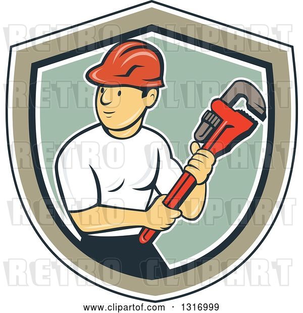 Vector Clip Art of Retro Cartoon White Male Plumber Holding a Giant Monkey Wrench in a Navy Blue, White, Tan and Green Shield