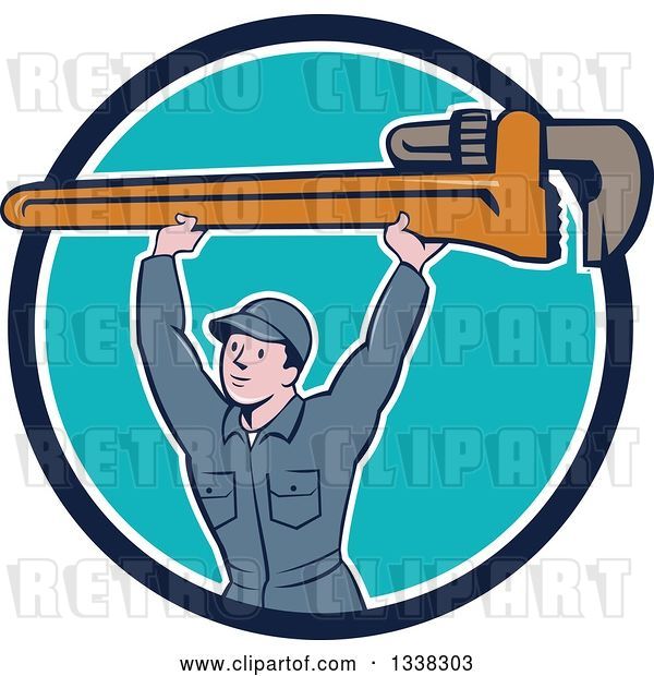 Vector Clip Art of Retro Cartoon White Male Plumber Holding a Giant Monkey Wrench over His Head, Emerging from a Blue and White Circle
