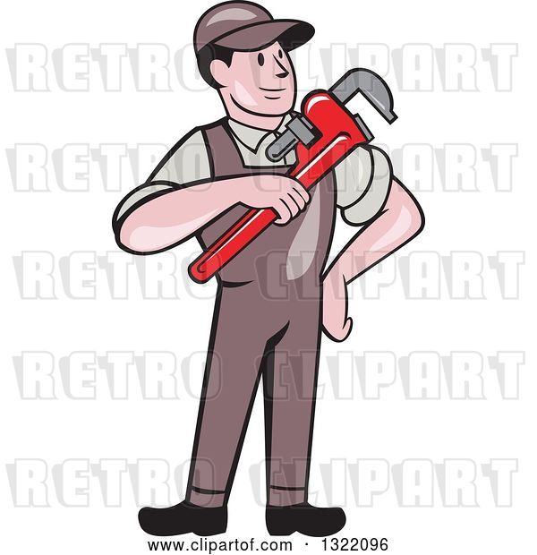 Vector Clip Art of Retro Cartoon White Male Plumber Holding a Monkey Wrench