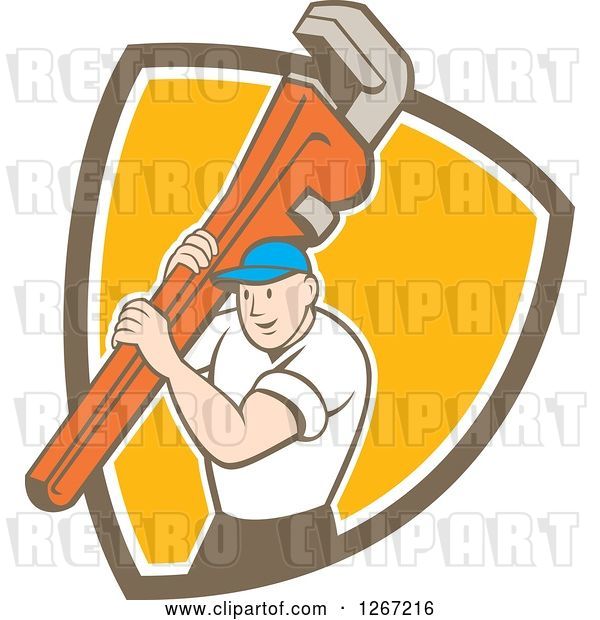 Vector Clip Art of Retro Cartoon White Male Plumber Holding a Monkey Wrench in a Brown White and Orange Shield