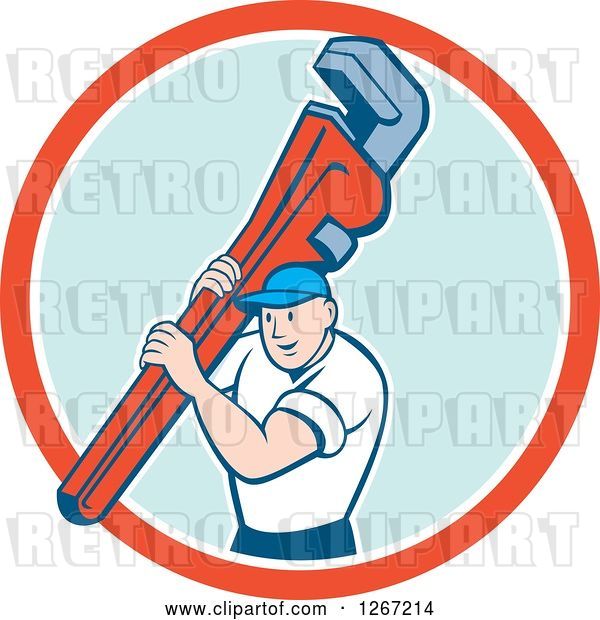 Vector Clip Art of Retro Cartoon White Male Plumber Holding a Monkey Wrench in a Red White and Blue Circle