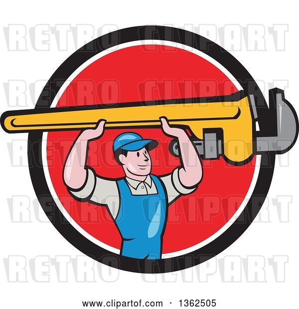 Vector Clip Art of Retro Cartoon White Male Plumber Holding up a Giant Monkey Wrench in a Black, White and Red Circle