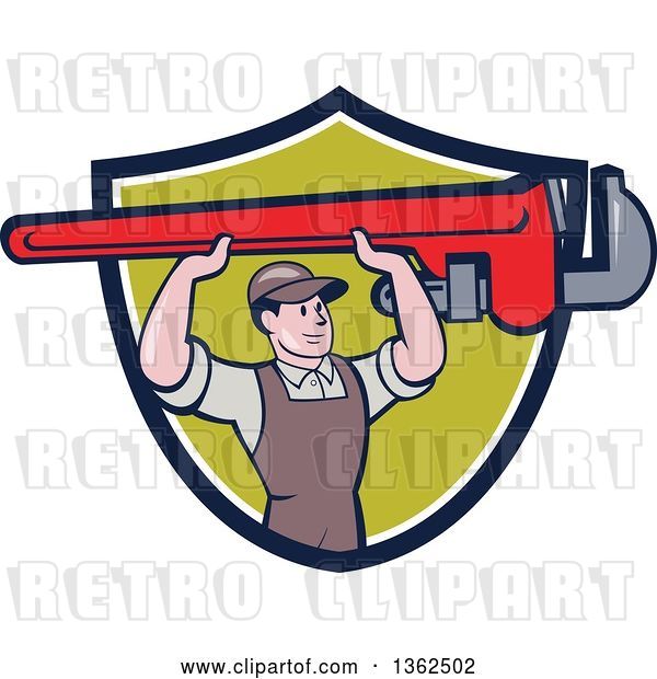 Vector Clip Art of Retro Cartoon White Male Plumber Holding up a Giant Monkey Wrench in a Navy Blue, White and Green Shield