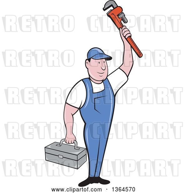 Vector Clip Art of Retro Cartoon White Male Plumber Holding up a Monkey Wrench and Tool Box