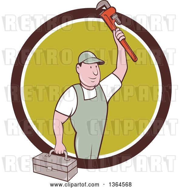 Vector Clip Art of Retro Cartoon White Male Plumber Holding up a Monkey Wrench and Tool Box in a Brown White and Green Circle