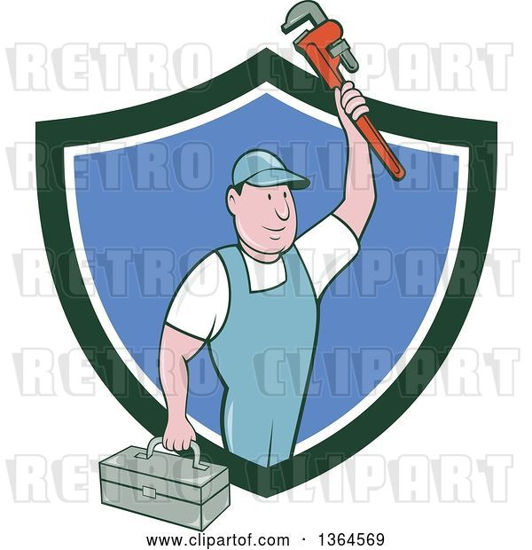Vector Clip Art of Retro Cartoon White Male Plumber Holding up a Monkey Wrench and Tool Box in a Green White and Blue Shield