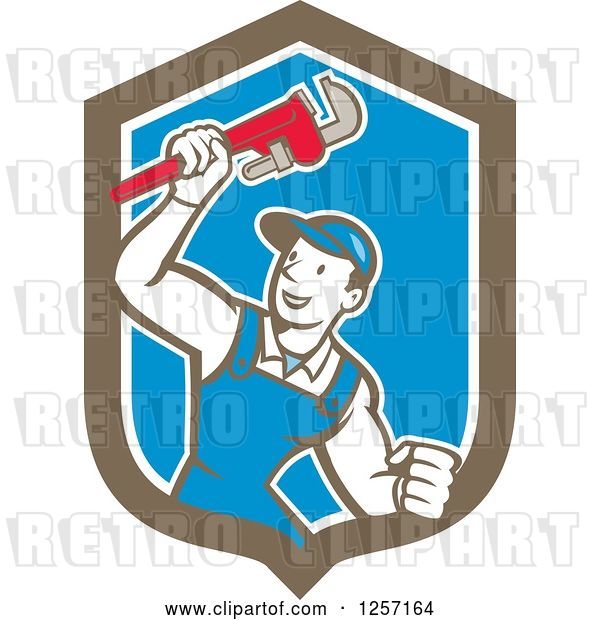 Vector Clip Art of Retro Cartoon White Male Plumber Holding up a Monkey Wrench in a Blue White and Brown Shield