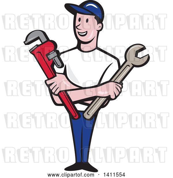 Vector Clip Art of Retro Cartoon White Male Plumber, Mechanic or Handyman Holding Monkey and Spanner Wrenches in Folded Arms