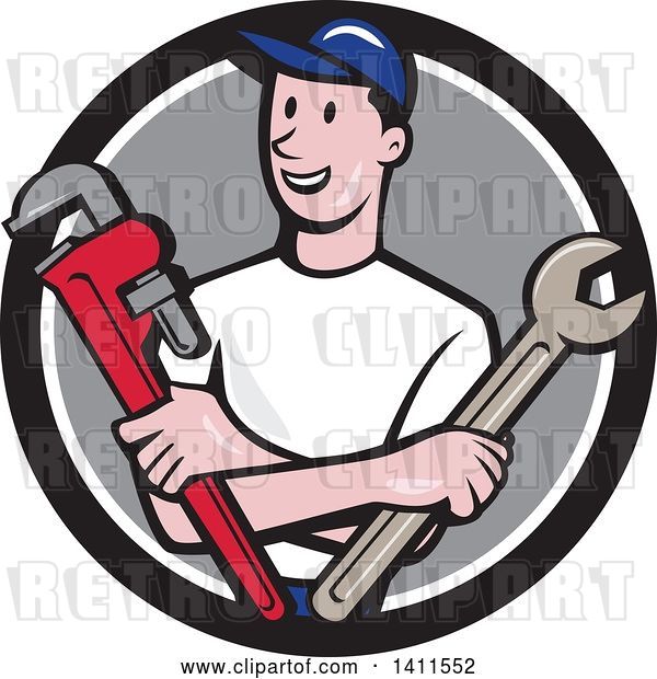 Vector Clip Art of Retro Cartoon White Male Plumber, Mechanic or Handyman Holding Monkey and Spanner Wrenches in Folded Arms, in a Black White and Gray Circle