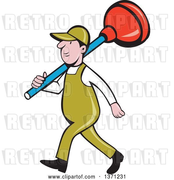 Vector Clip Art of Retro Cartoon White Male Plumber Walking with a Giant Plunger over His Shoulders