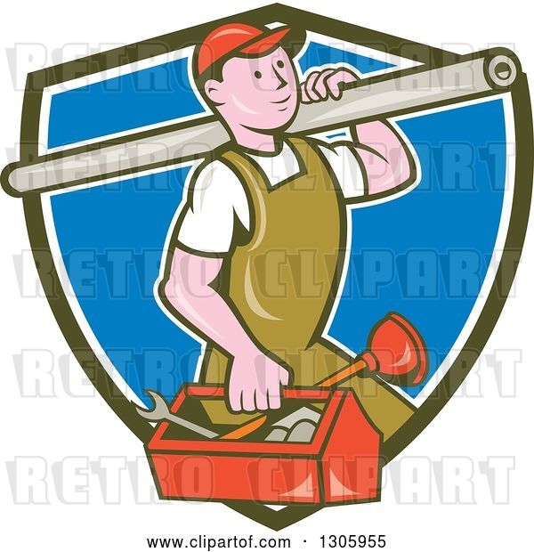 Vector Clip Art of Retro Cartoon White Male Plumber Walking with a Tool Box and Giant Monkey Wrench on His Shoulder and Emerging from an Olive Green White and Blue Shield