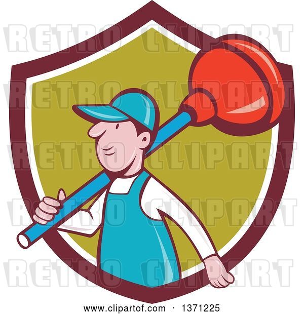 Vector Clip Art of Retro Cartoon White Male Plumber with a Giant Plunger over His Shoulder, Emerging from a Shield