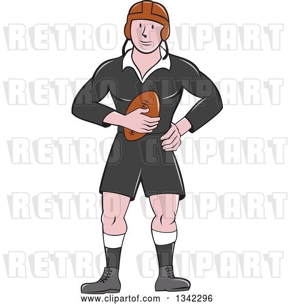 Vector Clip Art of Retro Cartoon White Male Rugby Player Holding the Ball