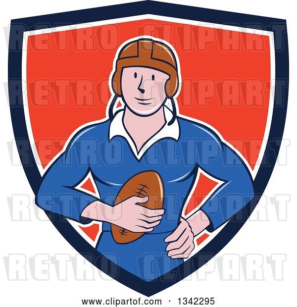 Vector Clip Art of Retro Cartoon White Male Rugby Player Holding the Ball in a Blue White and Red Shield