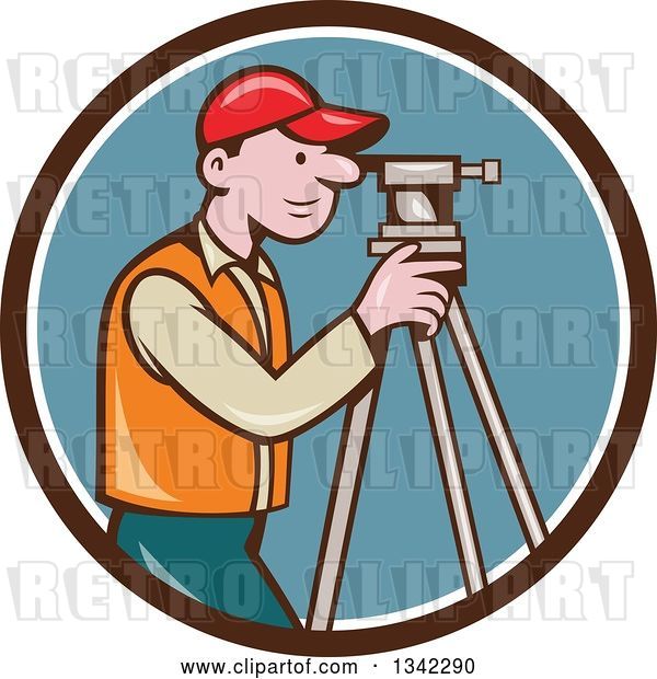 Vector Clip Art of Retro Cartoon White Male Surveyor Using a Theodolite in a Brown White and Blue Circle