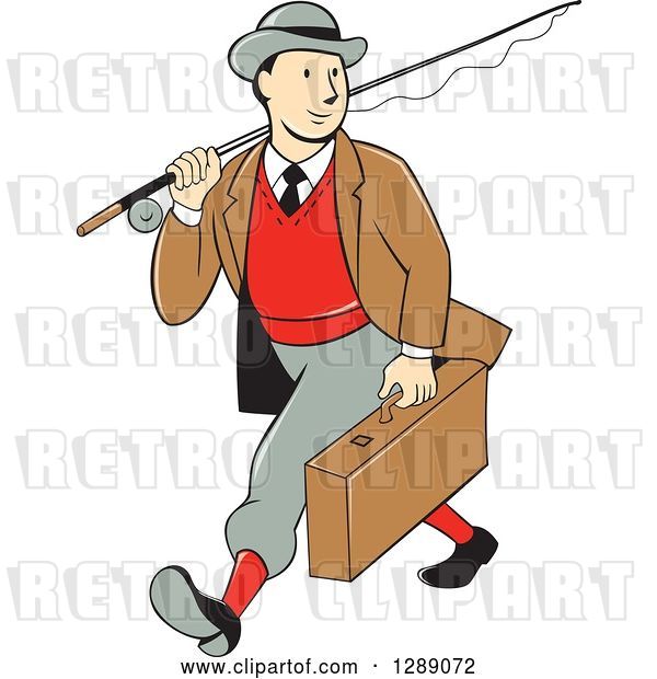 Vector Clip Art of Retro Cartoon White Male Tourist Walking and Carrying a Suitcase and Fly Fishing Rod