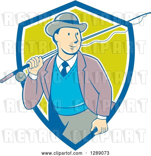 Vector Clip Art of Retro Cartoon White Male Tourist Walking with a Fly Fishing Rod over His Shoulder in a Blue White and Green Shield