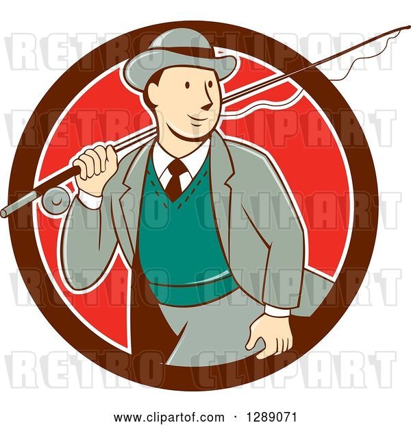 Vector Clip Art of Retro Cartoon White Male Tourist Walking with a Fly Fishing Rod over His Shoulder in a Maroon White and Red Circle