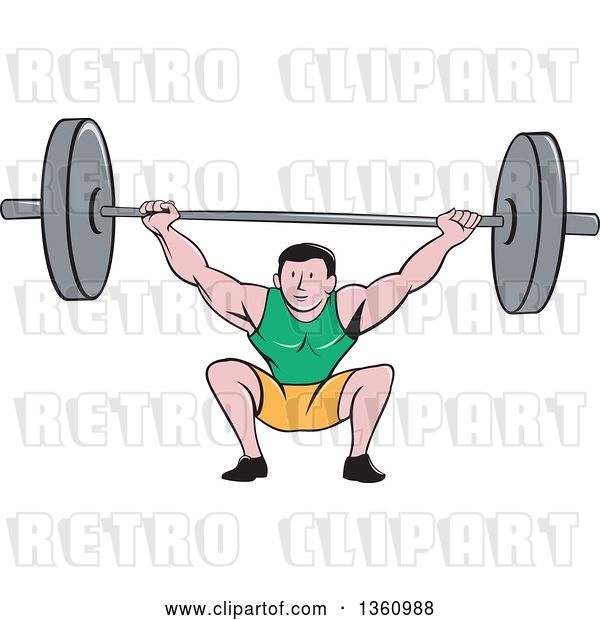 Vector Clip Art of Retro Cartoon White Strongman Bodybuilder Lifting a Barbell over His Head and Doing Squats
