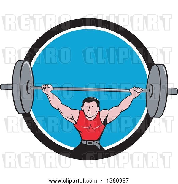 Vector Clip Art of Retro Cartoon White Strongman Bodybuilder Lifting a Barbell over His Head, and Doing Squats, Emerging from a Black White and Blue Circle