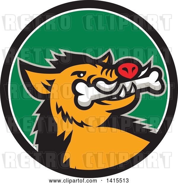 Vector Clip Art of Retro Cartoon Wild Boar Pig with a Bone in Its Mouth, Inside a Black White and Green Circle