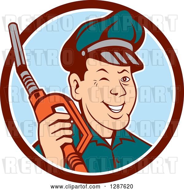 Vector Clip Art of Retro Cartoon Winking Gas Station Attendant Jockey Holding a Nozzle in a Brown White and Blue Circle