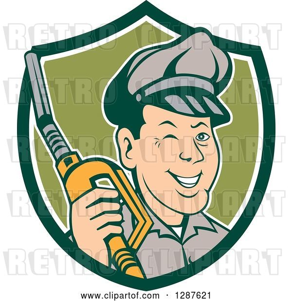 Vector Clip Art of Retro Cartoon Winking Gas Station Attendant Jockey Holding a Nozzle in a Green and White Shield