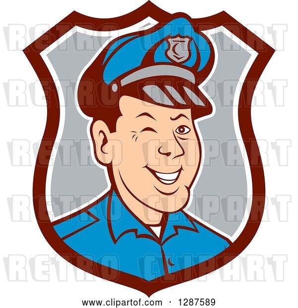 Vector Clip Art of Retro Cartoon Winking White Male Police Officer in a Brown White and Gray Shield