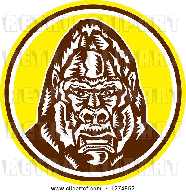 Vector Clip Art of Retro Cartoon Woodcut Angry Gorilla Head in a Yellow Brown and White Circle