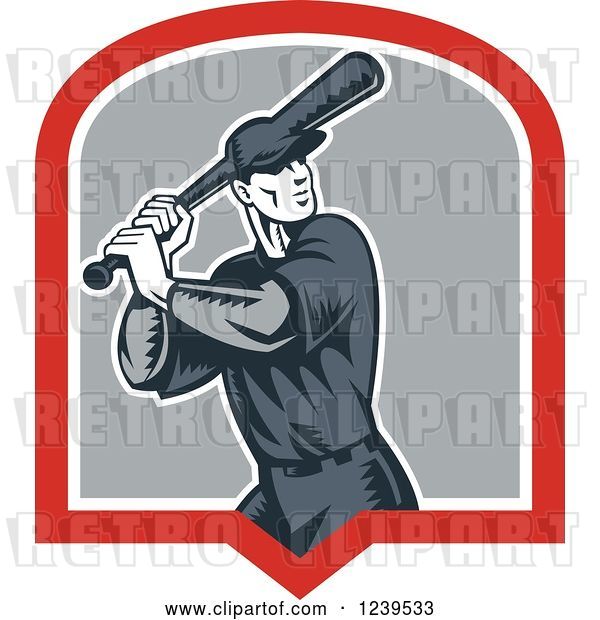 Vector Clip Art of Retro Cartoon Woodcut Baseball Player Batter in a Shield