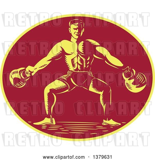 Vector Clip Art of Retro Cartoon Woodcut Male Bodybuilder Working out with Kettlebells in a Yellow and Red Oval