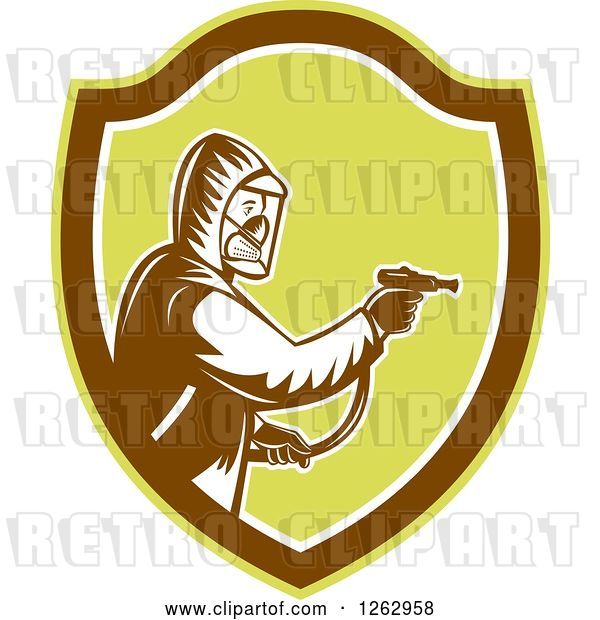 Vector Clip Art of Retro Cartoon Woodcut Pest Control Exterminator Spraying in a Brown and Green Shield