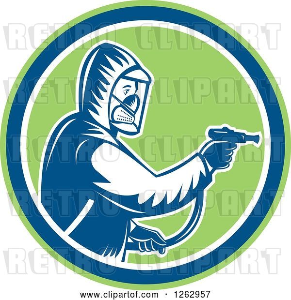 Vector Clip Art of Retro Cartoon Woodcut Pest Control Exterminator Spraying in a Green Blue and White Circle