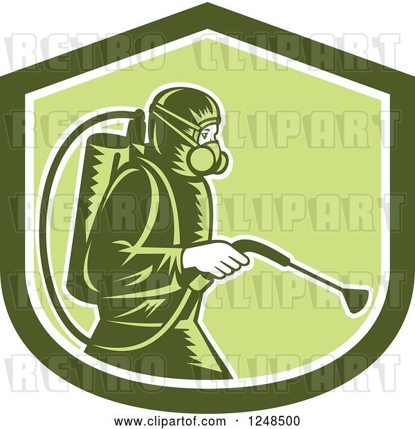 Vector Clip Art of Retro Cartoon Woodcut Pest Control Exterminator Spraying in a Green Shield
