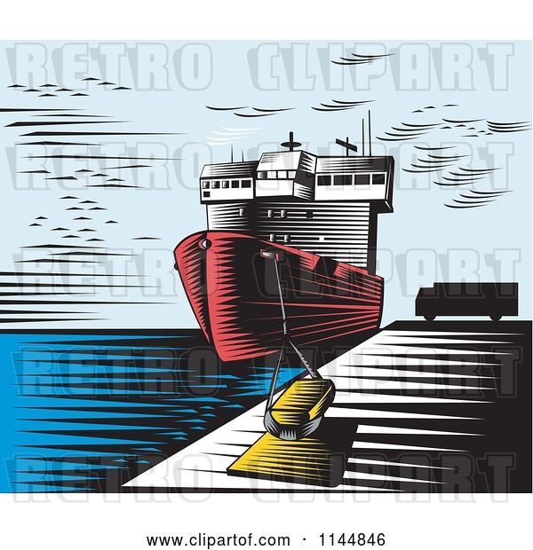 Vector Clip Art of Retro Cartoon Woodcut Ship at Dock