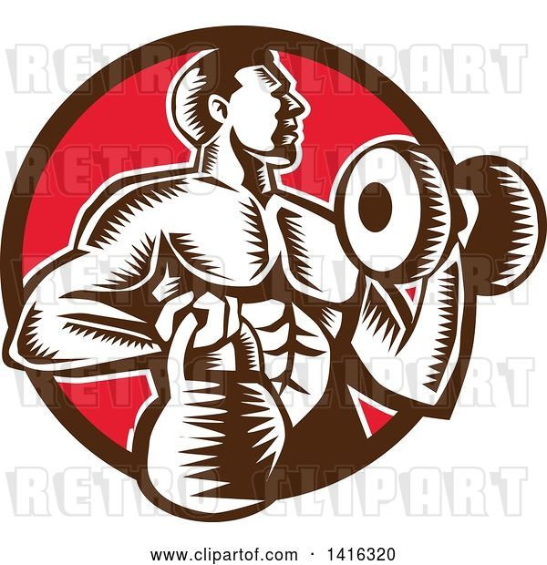 Vector Clip Art of Retro Cartoon Woodcut Strong Male Bodybuilder Working out with a Dummbell and Kettlebell, Emerging from a Brown and Red Circle