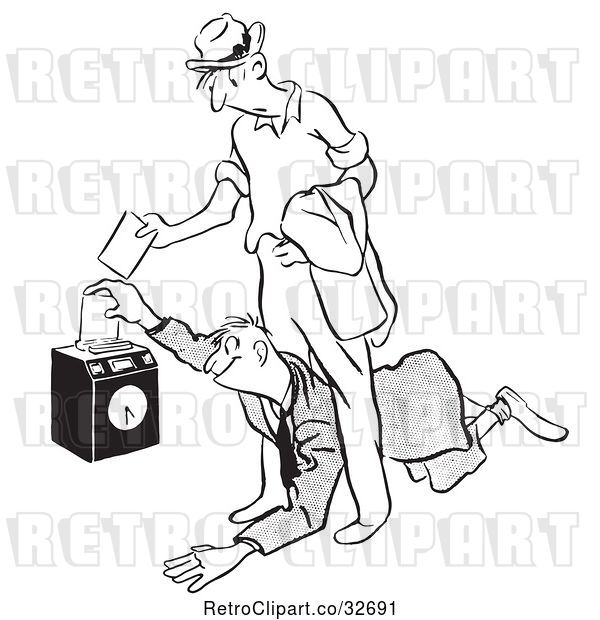 Vector Clip Art of Retro Cartoon Worker Diving Under Another to Punch in First