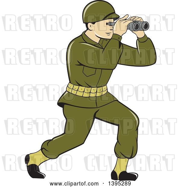 Vector Clip Art of Retro Cartoon World War One American Soldier Looking Through the Binoculars