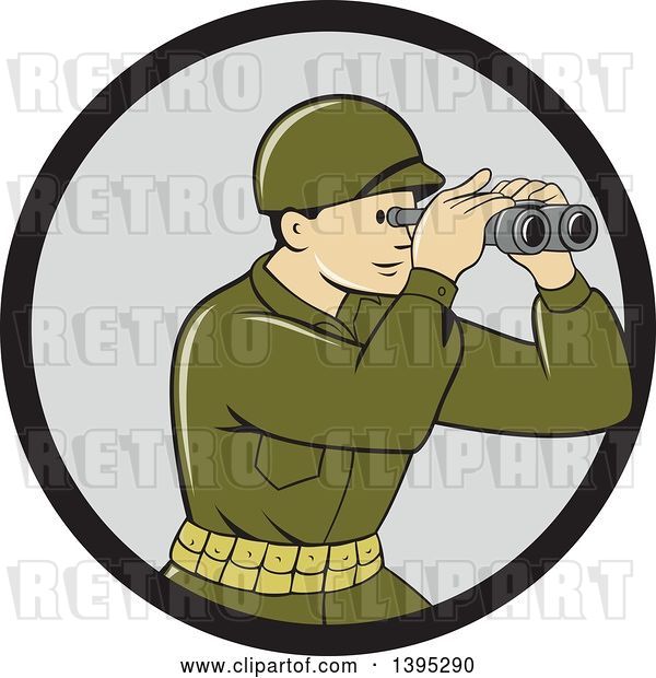 Vector Clip Art of Retro Cartoon World War One American Soldier Looking Through the Binoculars in a Black and Gray Circle