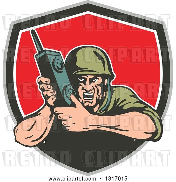 Vector Clip Art of Retro Cartoon World War Two Soldier Holding a Field Radio in a Taupe Green White and Red Shield